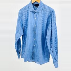 Vintage Y2K Rochas Light Blue White Striped Cotton Dress Shirt